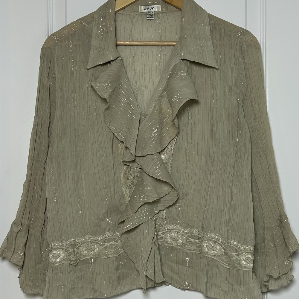 Jaipur Vintage 90s Olive Green Metallic Ruffle Front Lace Blouse Boho Glam Style